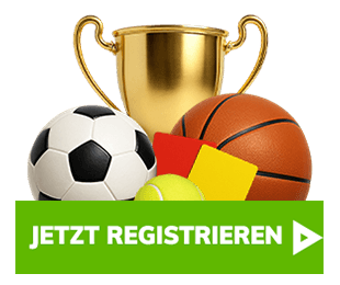 Goldener Pokal mit Fussball Basketball und Tennisball vor grünem Registrieren Button