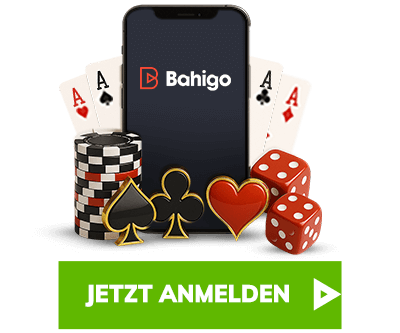 Smartphone mit Bahigo Logo umgeben von Spielkarten Würfeln und Jetons